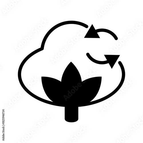 Eco Cycle Icon – Plant with Recycling Arrows lack silhouette icon showing a plant inside a recycling arrow loop. Represents eco cycle, renewable resources, sustainable growth,