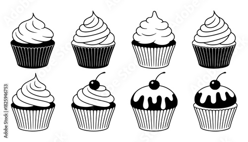 A Collection of Black and White Cupcake Illustrations with Cherry Toppings