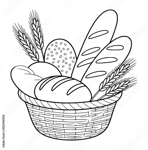 Basket of Freshly Baked Bread and Wheat Ears - Line Art