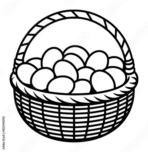 Black and White Illustration of a Woven Basket Filled with Eggs