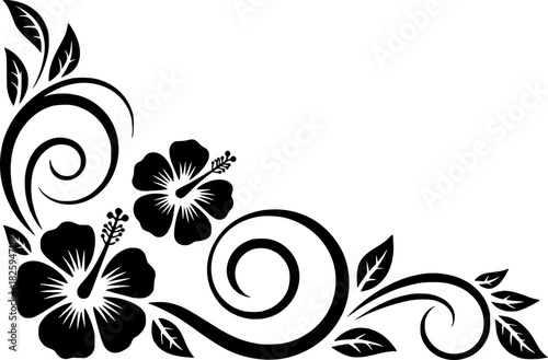 Black Hibiscus Flower and Swirl Decorative Corner Design