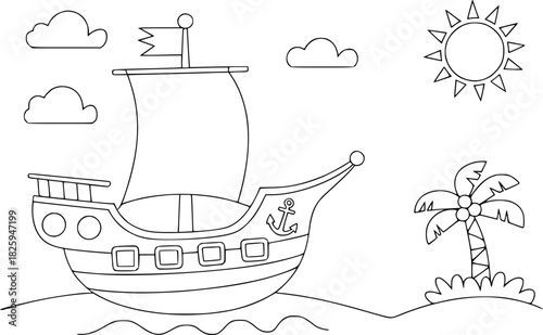Cartoon Sailing Ship on the Ocean with Palm Tree and Sun