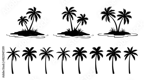 Collection of Black Silhouette Palm Trees and Islands