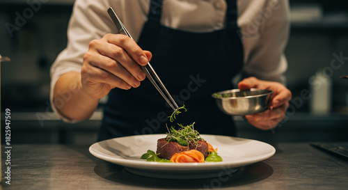 Chef Decorating Dish Culinary Artistry with Herbs and Precision in Restaurant
