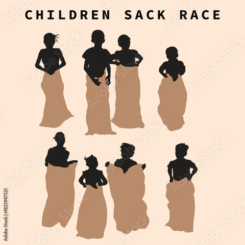 Children Sack Race silhouette isolated on background vector illustration.