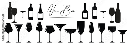 Handdrawn Wine Glass and wine bottle set