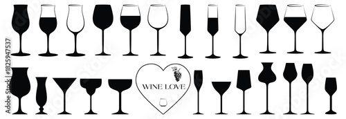 Handdrawn Wine Glass and wine bottle set