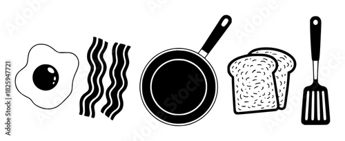Simple Line Art Icons of Breakfast Food and Cooking Utensils