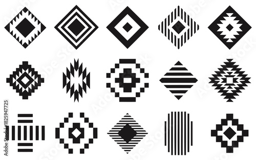 Creative set of unique tribal diamond aztec maya navajo patterns for traditional native ornaments with simple vector design elements