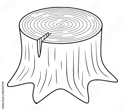 Simple Line Drawing of a Tree Stump with Visible Rings and Bark Texture