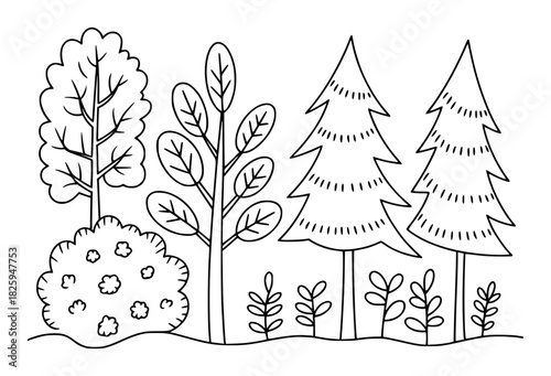 Simple Line Drawing of a Forest Scene with Trees and Bushes