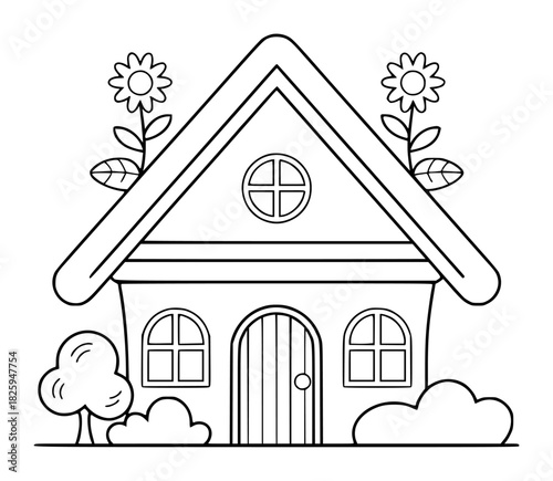 Simple Outline Drawing of a Charming House with Flowers and Trees