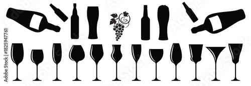 Handdrawn Wine Glass and wine bottle set