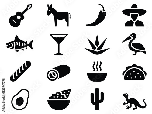 Traditional mexican culture icons set includes guitar donkey chili pepper sombrero fish cocktail agave plant pelican taco avocado cactus and lizard