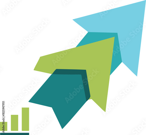 Abstract overlapping arrows pointing upward with a small bar chart, symbolizing business growth, success, and positive performance.