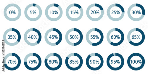 Set of circular percentage diagrams from 0 to 100 for infographics, including 0, 5, 10, 15, 20, 25, 30, 35, 40, 45, 50, 55, 60, 65, 70, 75, 80, 85, 90, 95, and 100. Vector percentage infographics. 