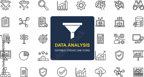 Data analysis icon set for business intelligence, analytics, statistics, technology solutions, editable stroke symbols, digital visualization tools collection