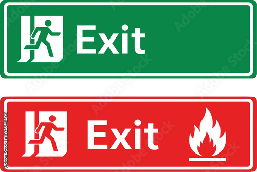 Emergency exit safety signs illustration showing green standard exit symbol and red fire exit warning sign for evacuation and safety guidance