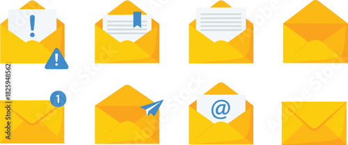 Email notification and message envelope icon set, digital communication symbols, mail alerts, inbox messages, modern email interface elements for web and apps
