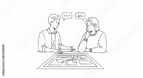 Hand drawn sketch of two people discussing a project plan at a table.