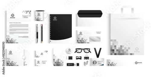 Business branding mockup pixelstyled featuring stationary drinkware and other marketing collateral