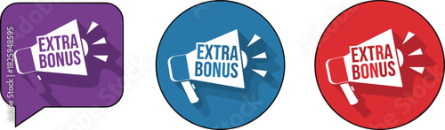 Extra bonus announcement megaphone icons in colorful speech bubble and circle designs, promotional marketing alert symbols for offers, sales, advertising campaigns