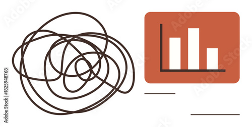 Tangled, chaotic black lines next to an organized red bar chart represent the transformation from disorder to structure. Ideal for problem solving, organization, productivity, clarity, progress