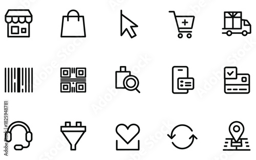 E commerce icons in outline style featuring shop shopping bag and delivery and other components of online sales vector design