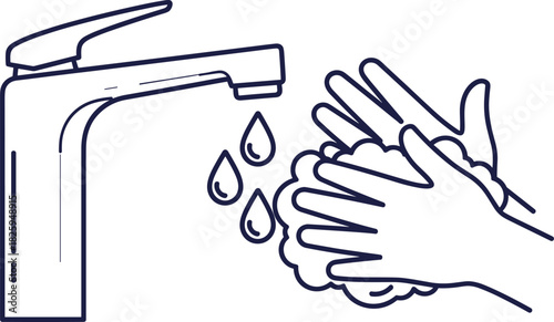 Hand washing illustration with faucet water and soap bubbles, hygiene awareness graphic promoting cleanliness, health safety, prevention and sanitation practices