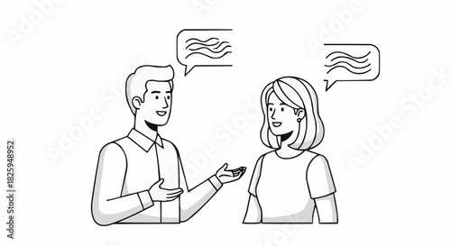 Line art illustration of a man and woman in conversation.
