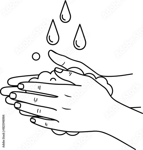 Handwashing illustration showing soapy hands under falling water droplets, promoting hygiene, cleanliness, sanitation, health safety, and proper hand-cleaning practice