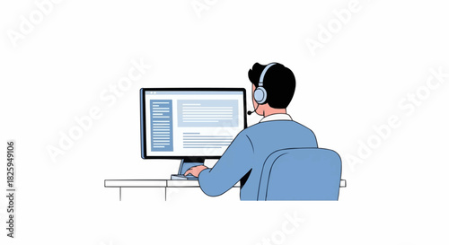 Customer service representative working on computer with headset.