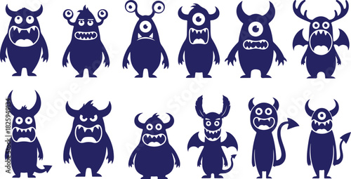Vector art of set of various blue monster silhouettes, 