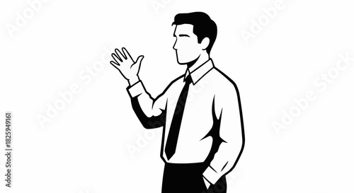 Business professional gestures with hand in a welcoming pose, monochrome style.