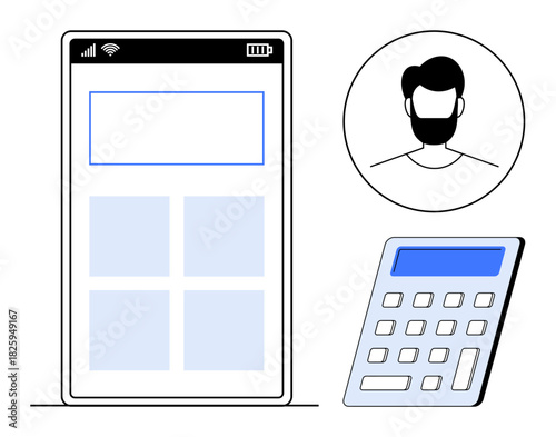 Smartphone with app interface, user avatar, and calculator, emphasizing tech integration in finance. Ideal for mobile banking, fintech, digital tools, budgeting, calculations user interactions
