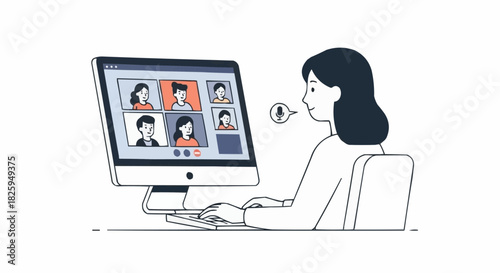 Woman Attending Virtual Meeting on Computer with Multiple Participants.
