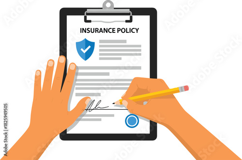 Insurance policy document signing illustration showing hands completing agreement, contract approval, legal protection form, paperwork authorization, business security confirmation