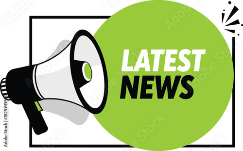 Latest news announcement megaphone graphic, bold green circular banner, modern communication alert design for updates, promotions, media, breaking information