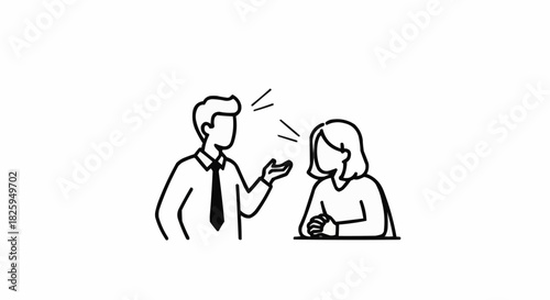 Two people engaged in a conversation, line art illustration.