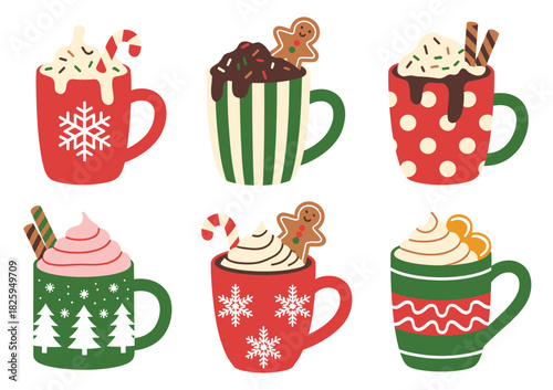 Winter Holiday Cups Vector Illustration Featuring Mugs With Hot Chocolate, Cocoa, Coffee, Whipped Cream, Marshmallows, Gingerbread Cookie, Candy Cane, and Cinnamon Sticks in Festive Seasonal Design