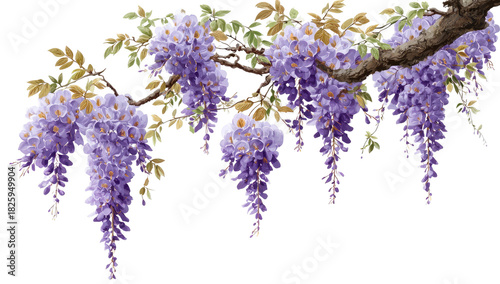 Beautiful cascading purple wisteria flowers on a tree branch