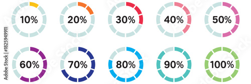 Percentage infographics minimal elements. Round diagrams icons for infographics from 10 to 100 percent. Divided pie charts indicator layout. Circle graph loading progress mockup. Diagrams set.