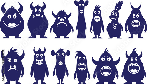 Vector art of collection of funny blue monster characters 