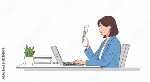 Businesswoman working diligently at her desk with a laptop and documents.
