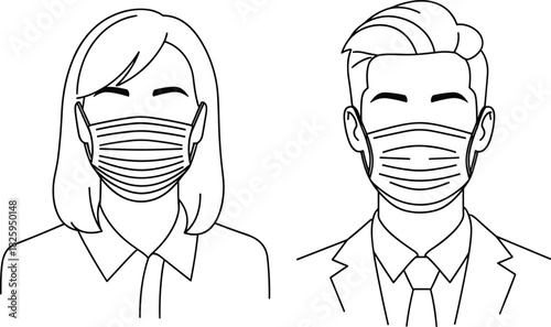 Outline illustration of man and woman wearing protective face masks, health safety concept for medical guidelines, prevention, hygiene, coronavirus protection