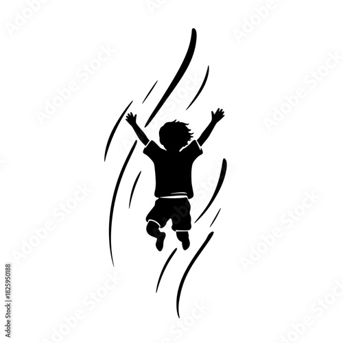 Joyful silhouette of a child jumping with arms raised in dynamic line art