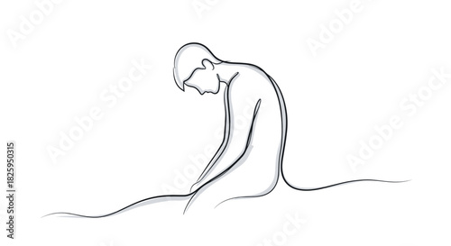 Nude person sitting with a downcast posture in a minimalist design concept