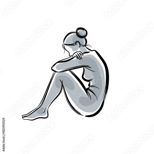 Artistic silhouette of a seated woman in a thoughtful pose in graceful line art