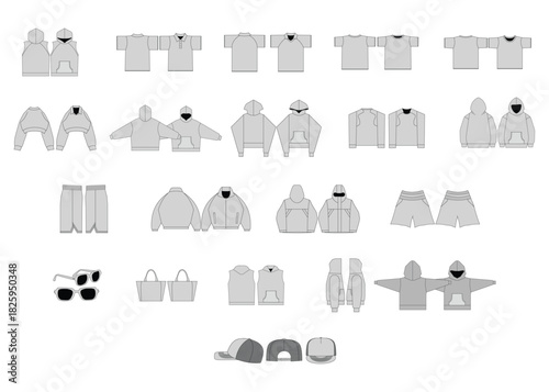A collection of monochrome technical drawings showing various articles of clothing and accessories including shirts jackets and hats