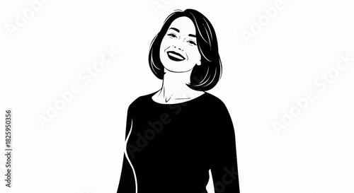 Minimalist black and white illustration of a happy smiling woman.